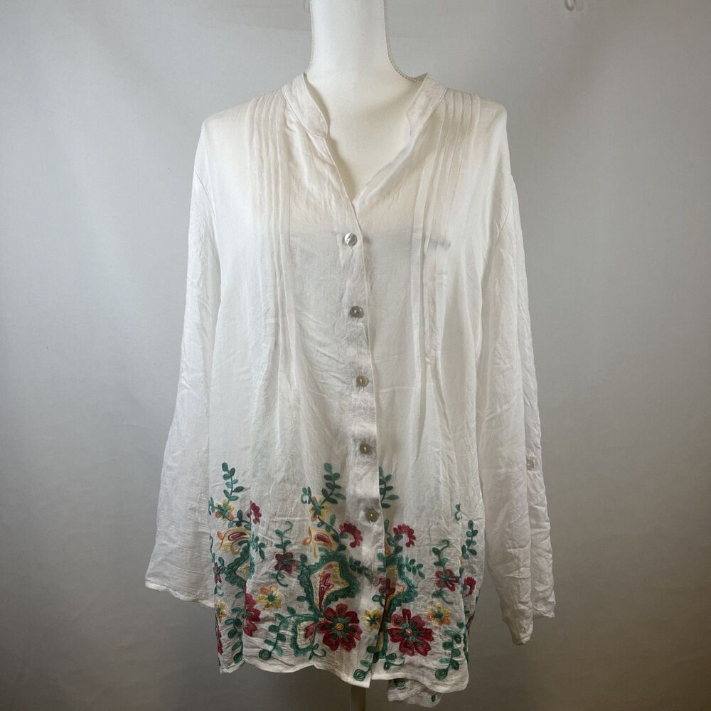 Ruby Rd Embroidered Floral Tunic Blouse Womens Plus Size 2X White Peasant Top